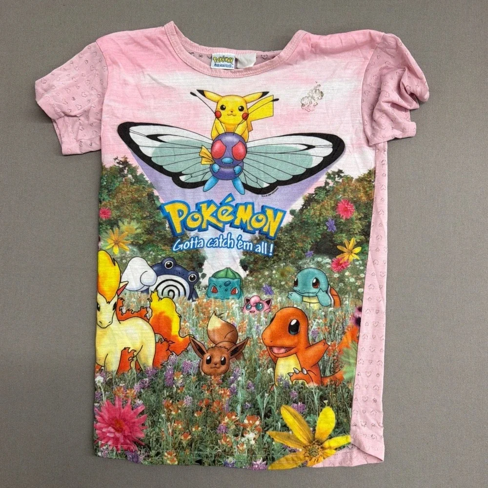 Vintage 1999 Pokemon T-Shirt Pink Heart Pointelle Pikachu Charmander Girls 1892